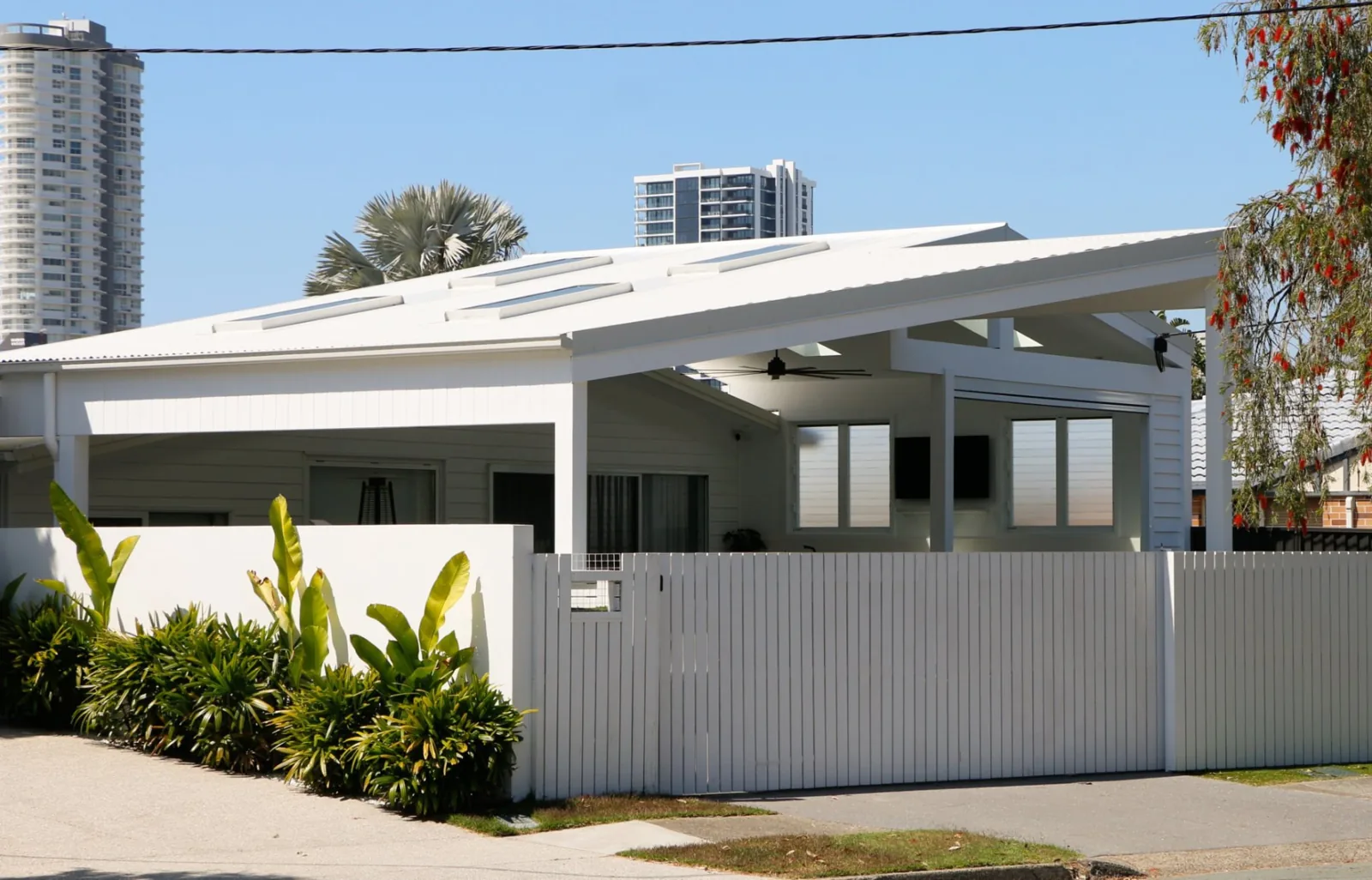 Gable-roof patio and carport with skylights and a ceiling fan, Gold Coast